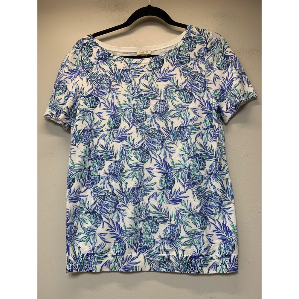 Talbots Short Sleeve Sweater Womens Small White Blue Pineapple‎ Print Excellent